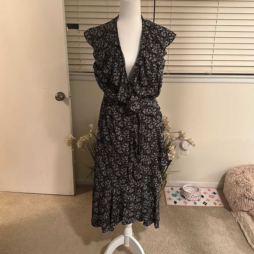 Max Studios Black and White Floral Wrap Dress